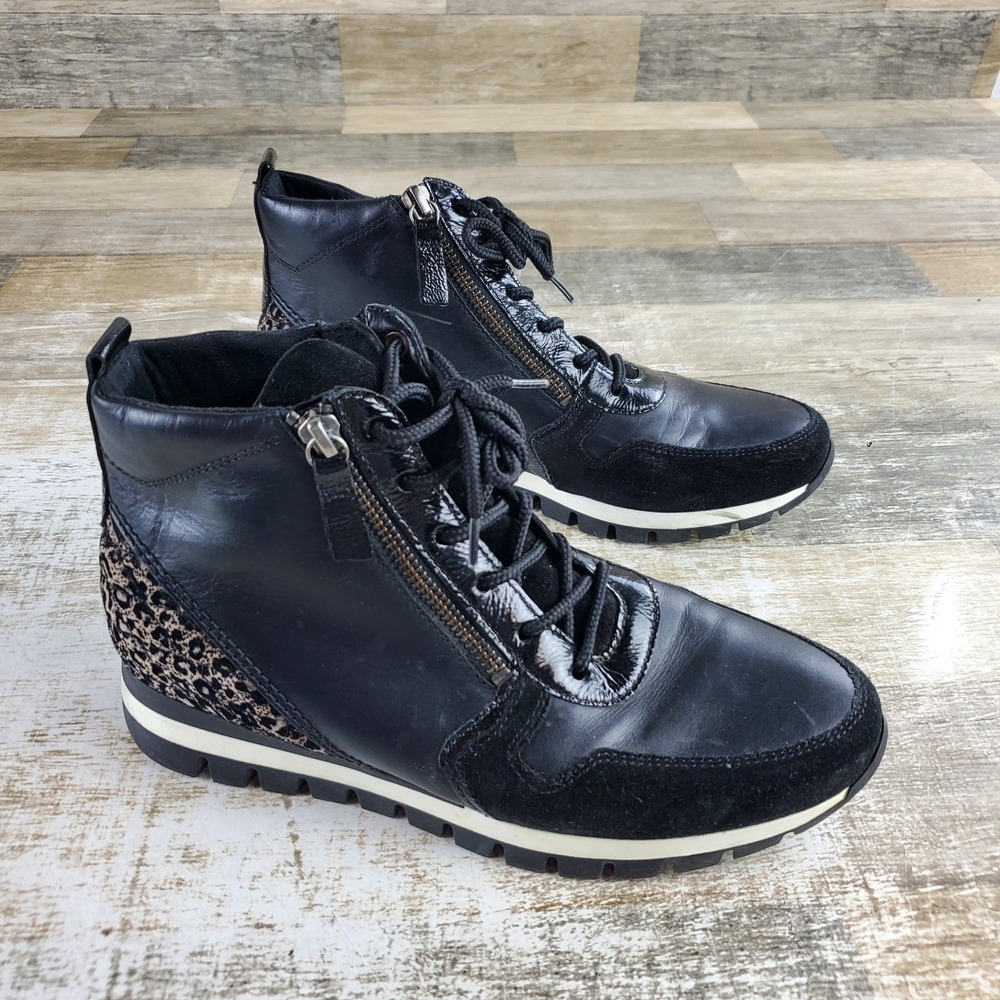 Gabor Womens Ankle Boot Sz 7.5 (UK Sz 5) Black Leather Side Zip Lace Up Leopard
